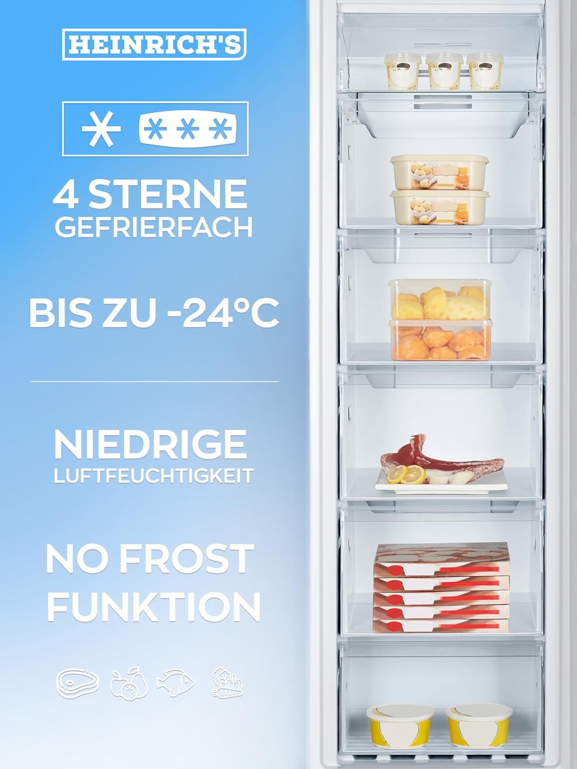 Heinrich´s Gefrierschrank 194 Liter, Temperatur:-14°C~-24°C, Freezer, No-Frost Schutz, 5x Gefrierschublade +1x Gefrierfach, LED-Display,Airflow, wechselbarer Türanschlag, Alarmfunktion, weiß