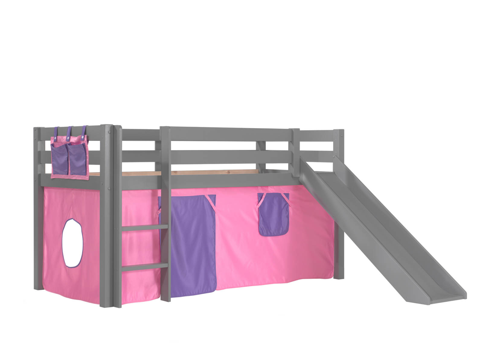 Halbhochbett PINO - Bella - grau - Kiefer massiv - mit Rutsche - 90x200 cm