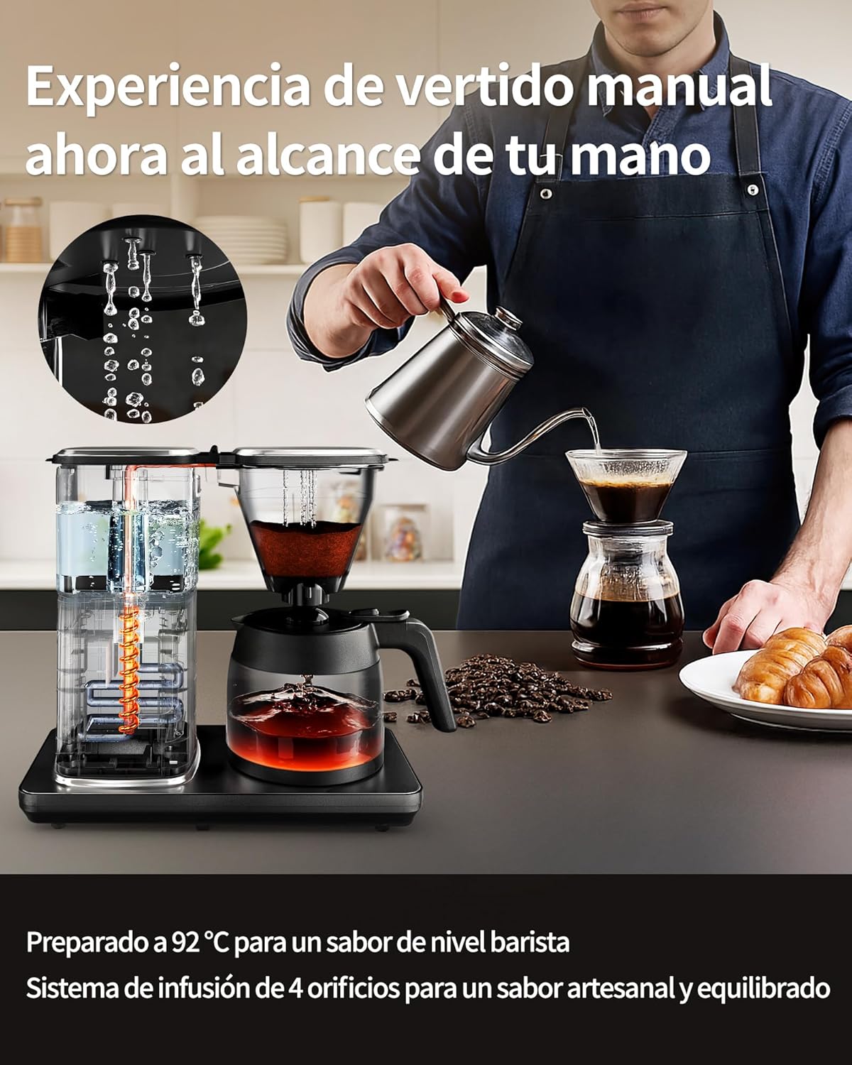 Filterkaffeemaschine mit 1,25L Thermoskanne, 4,5 Min. Schnellbrühung, 92°C PID-Temperaturkontrolle, 30s Tropfstopp, Wiederverwendbarer Filter, Automatische Reinigung, Edelstahl-Design