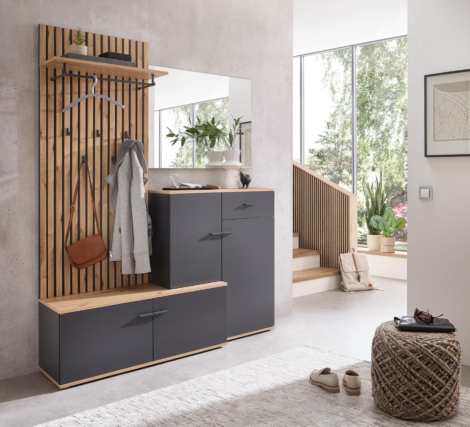 moebel-dich-auf Garderoben-Set Como Flurgarderobe Wandgarderobe Paneel + Schuhschrank + Spiegel (anthrazit/Artisan Eiche Nb., Garderobe)