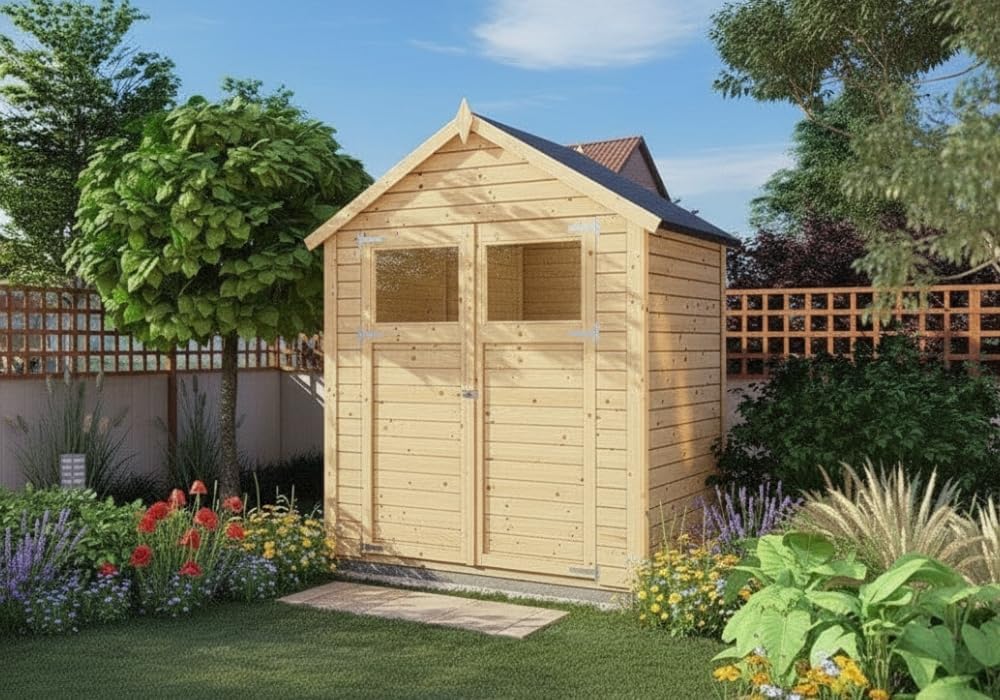 Gerätehaus Alisha aus Fichten-Holz, Gartenhaus mit 14mm Wandstärke, Holzhaus inklusive Montagematerial, Geräteschuppen Größe: 202 x 131 cm, Satteldach