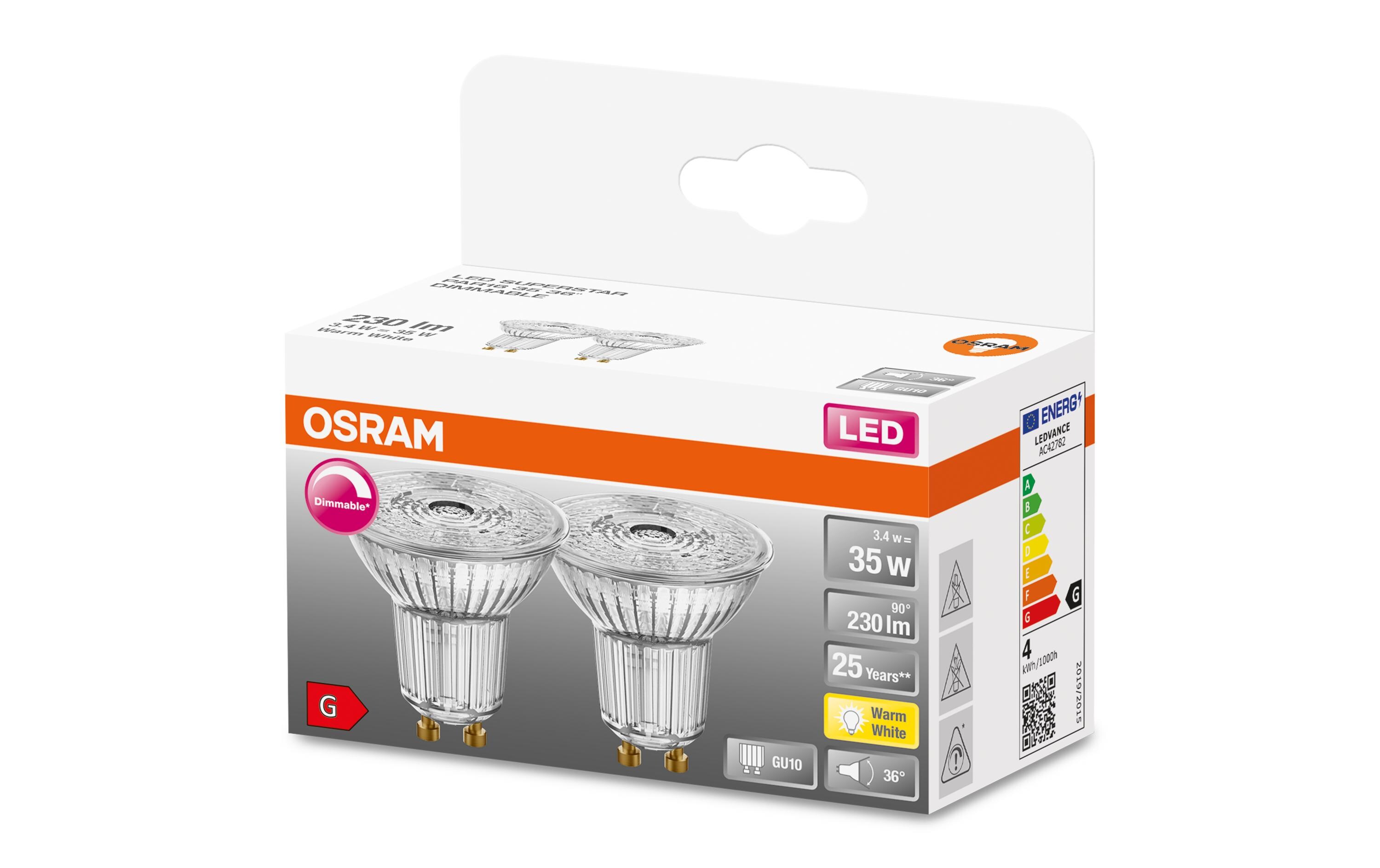 Lampe Superstar Par 16 36 °, 3.4W, GU10, Warmweiss, 2 StückDimmbare LED-Reflektorlampen PAR16 mit Retrofit-Stecksockel
