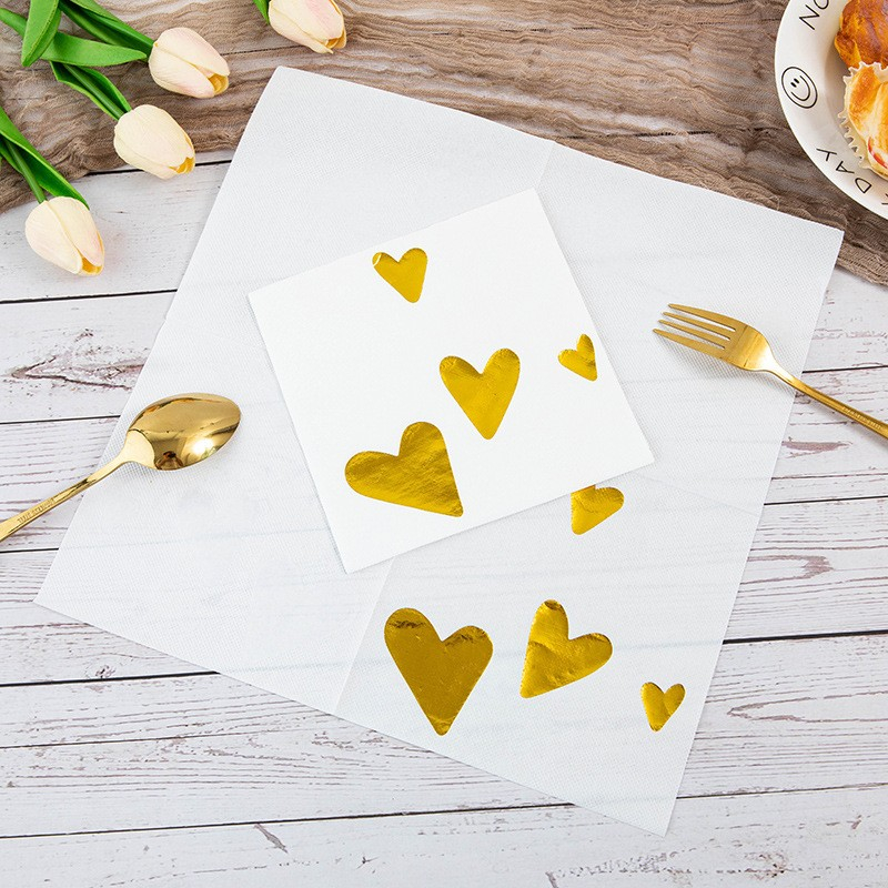 (20er Set) 33x33cm Einweg Servietten Party Tisch Dekoration Herz Design - Weiss / Gold