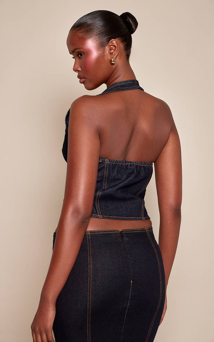 Raw Indigo Wash Top Corset Style Col Licou Avec Fermeture Éclair Devant Brut