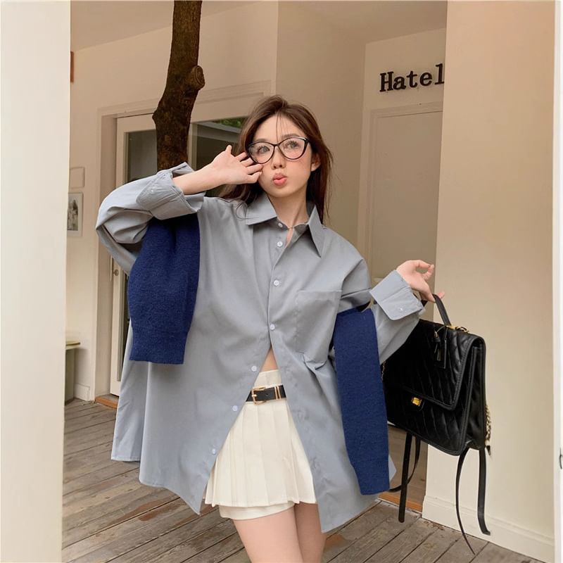 ANORA - Oversized overhemd met lange mouwen, reverskraag en effen knopen