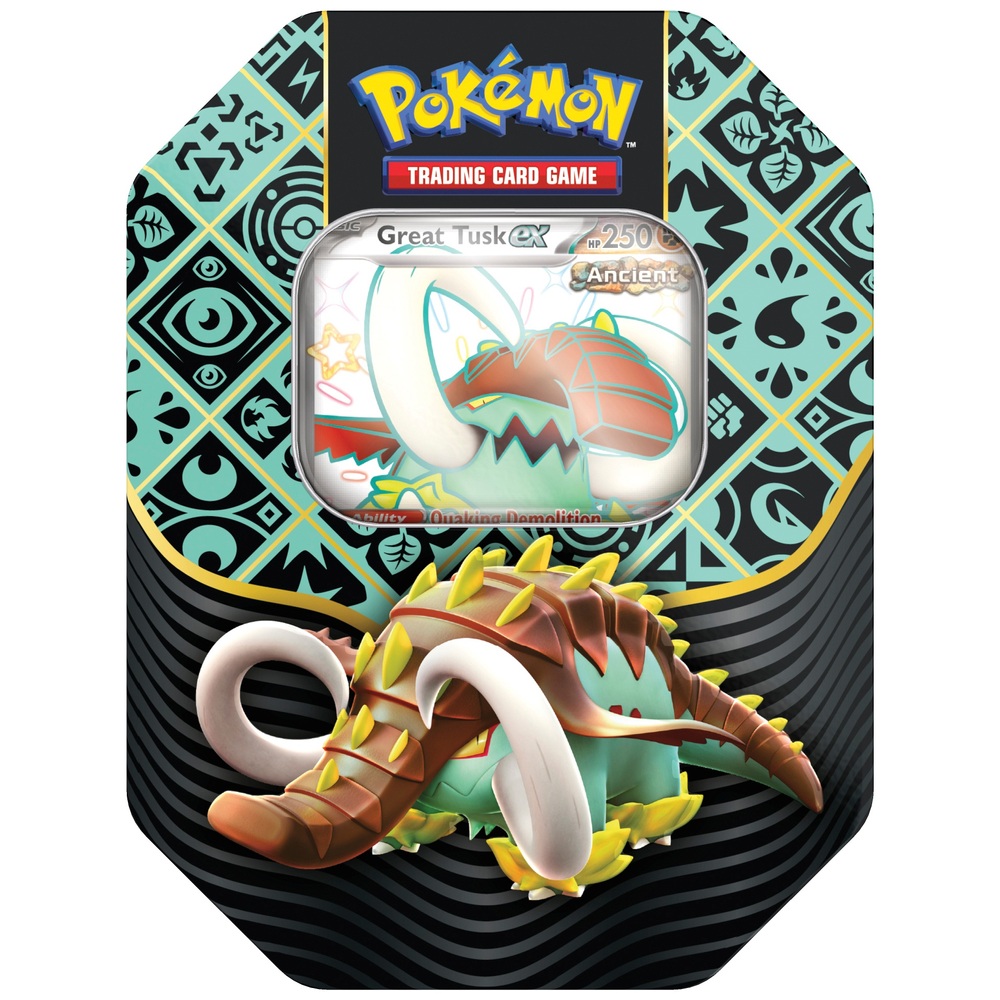 Pokémon-Sammelkartenspiel: Scharlachrote & Violette Paldean Fates Tin-Sortiment (Großer Stoßzahn, Eisenketten)