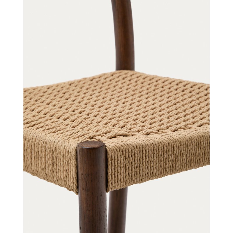 Tabouret Yalia dossier en bois de chêne finition noyer et assise en corde 65 cm
