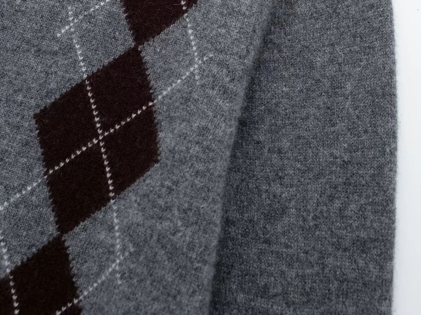 Omelia - Argyle Print Polo-hals Knoopsluiting Cardigan