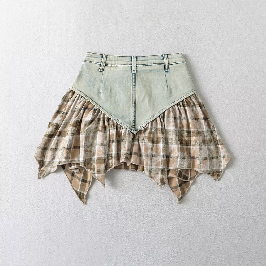 Firebird - Laag uitgesneden denim minirok met geruit paneel