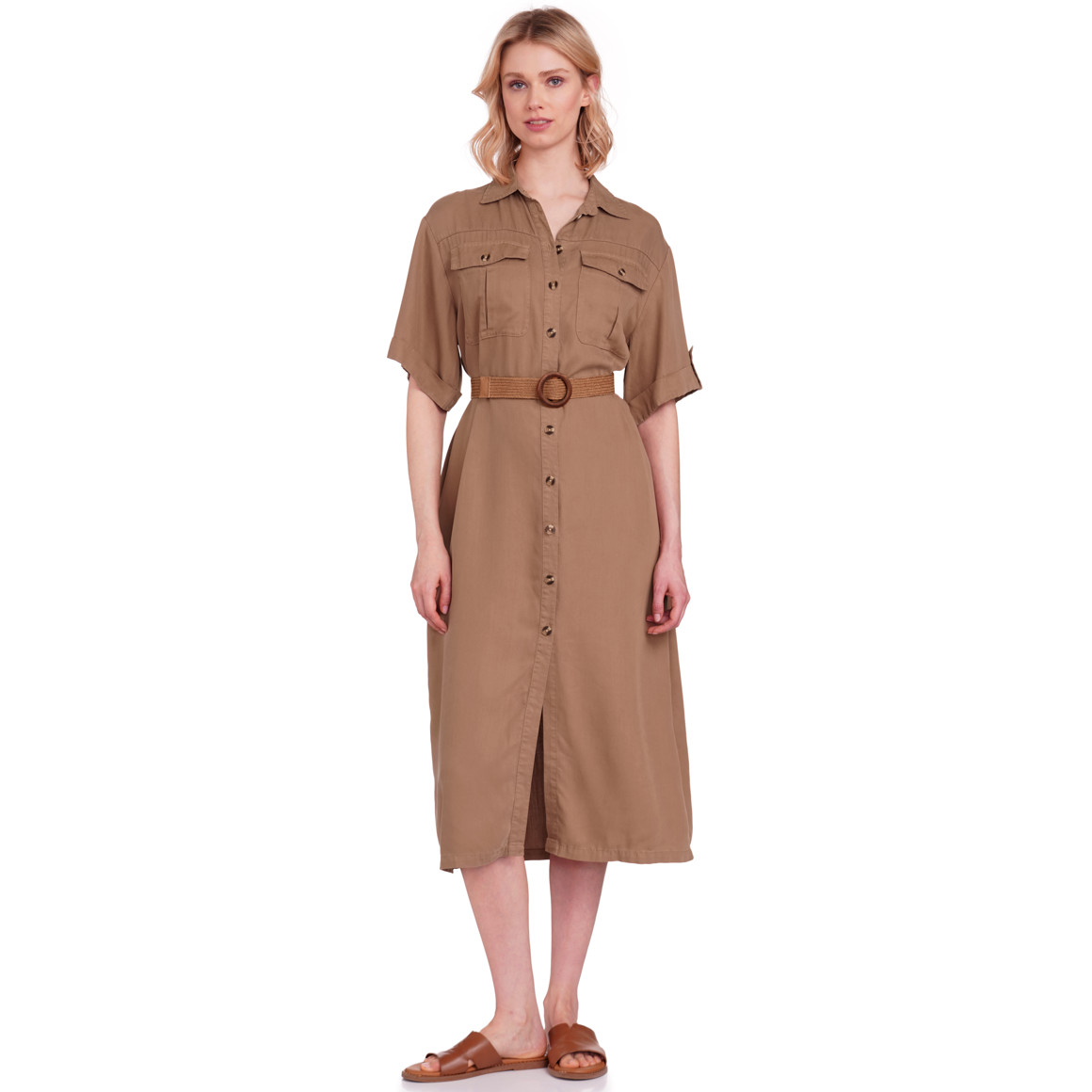 Gina Collection Damen Kleid mit Flechtgürtel braun