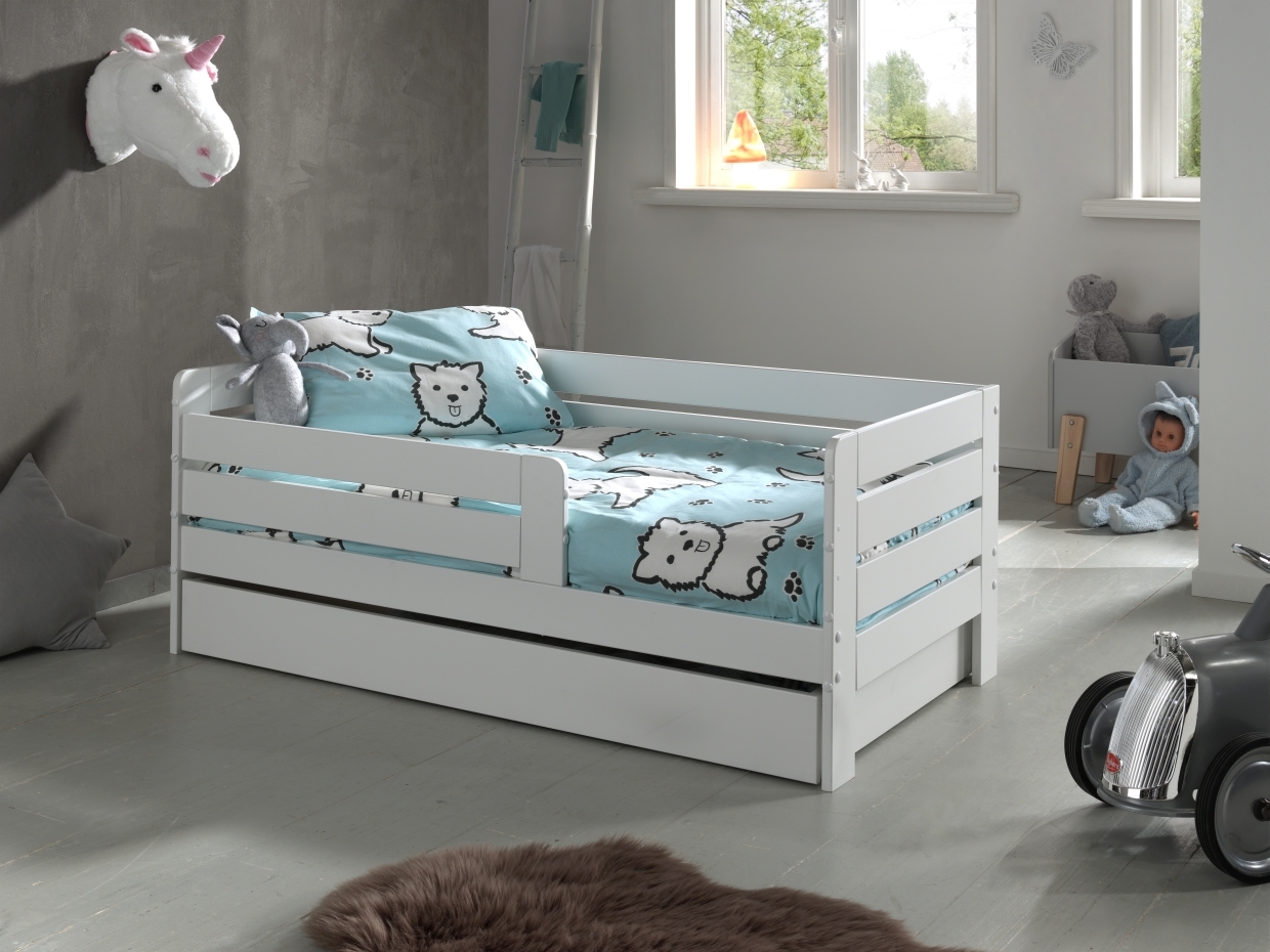 Kinderbett - weiß lackiert - Umrandung - Rolllattenrost - Bettschublade - 70x140 cm