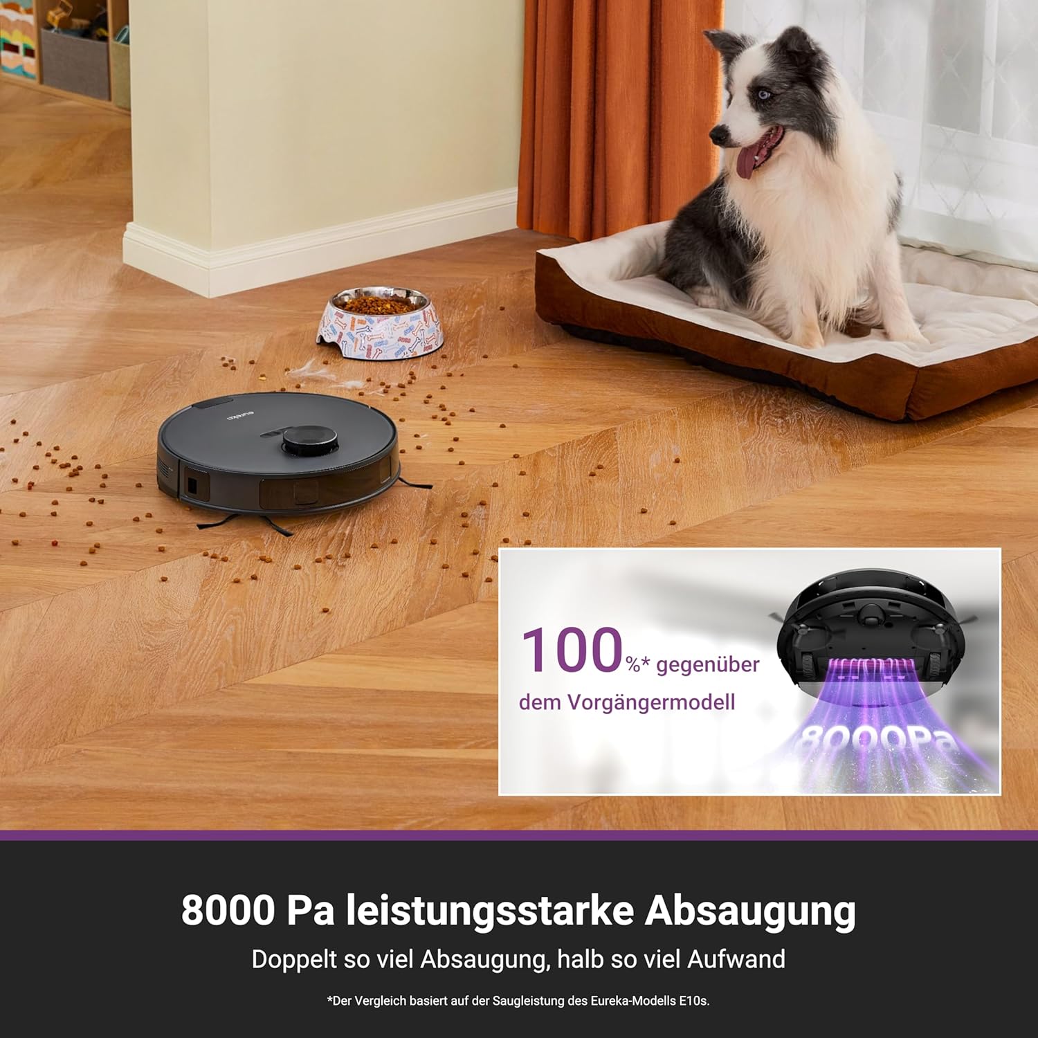 Eureka E20 Plus Staubsaugroboter mit 8000 Pa Saugkraft und selbstentleerender Station, Anti-Wickel-Funktion, 3D Hindernisvermeidung, 180 Minuten Laufzeit, DuoDetect AI, schwarz