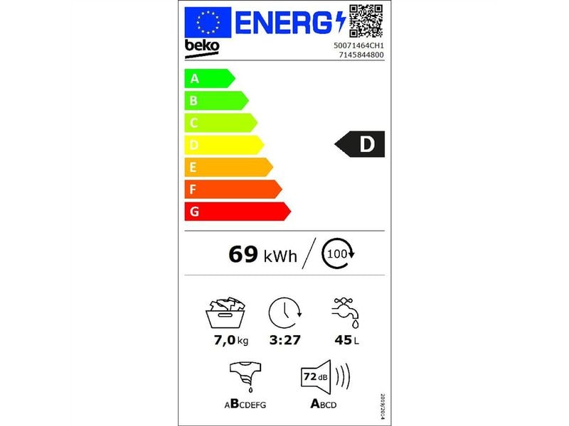 Beko Waschmaschine 50071464CH1 Links Frontloader mit 7 kg Ladekapazität