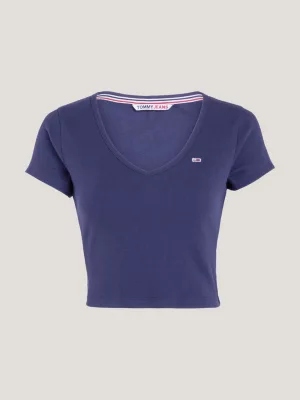 Camiseta cropped canelada essencial com decote em V