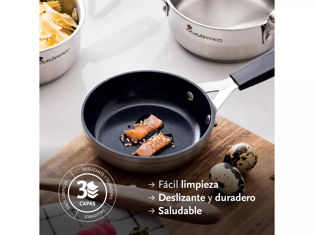 Set de 3 Poêles Ø20Ø24Ø28cm et Plaque Grill 32x23cm + 4 Protections MasterPRO Antiadhésives en Aluminium Forgé