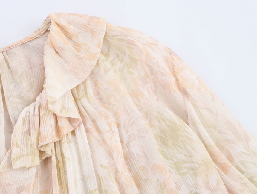 Cumulys - Blouse met lange mouwen, V-hals en bloemenprint en ruches