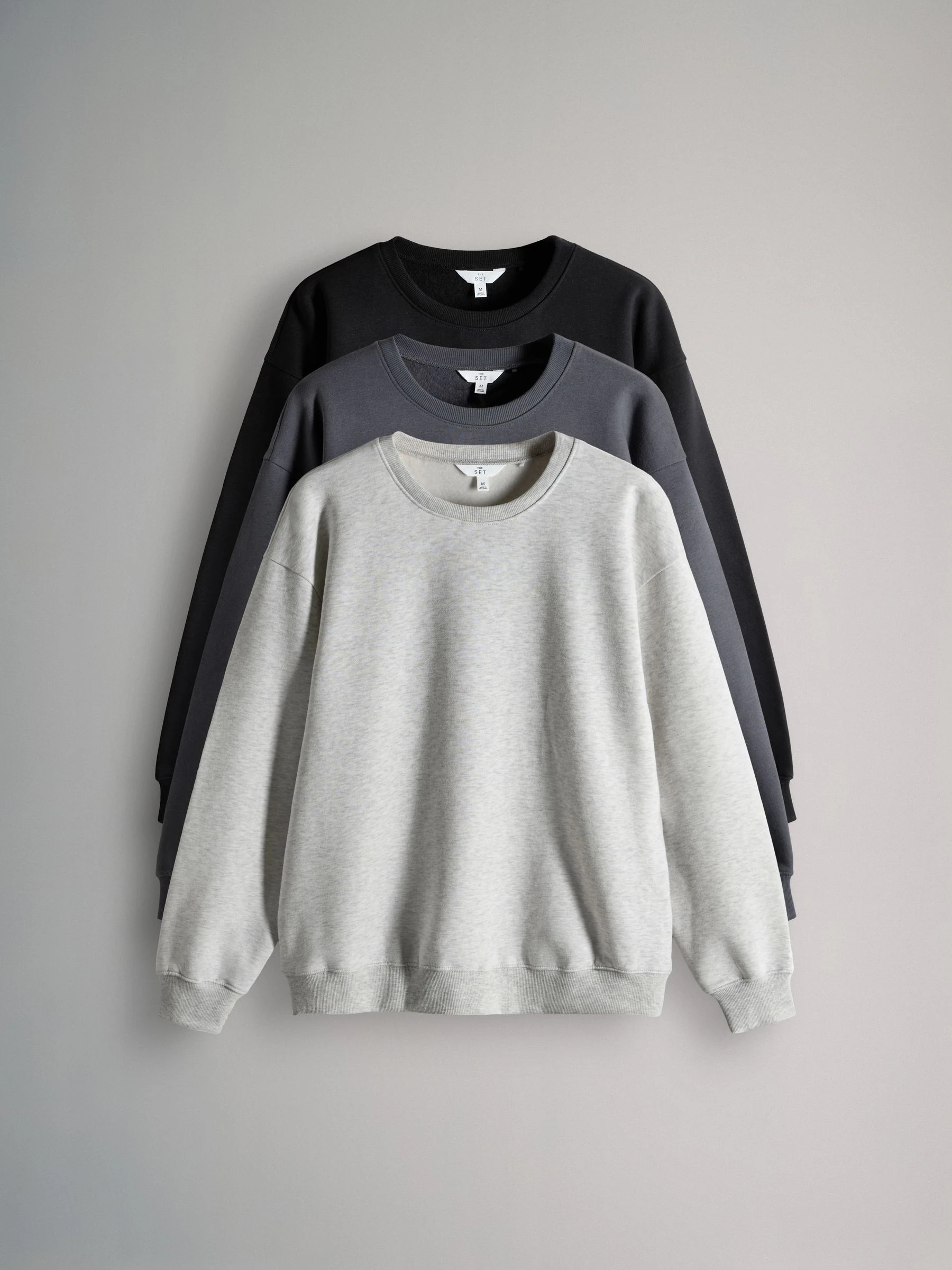 Zwart/gemêleerd antracietgrijs - The Set set van 3 ruimvallende sweatshirts met ronde hals