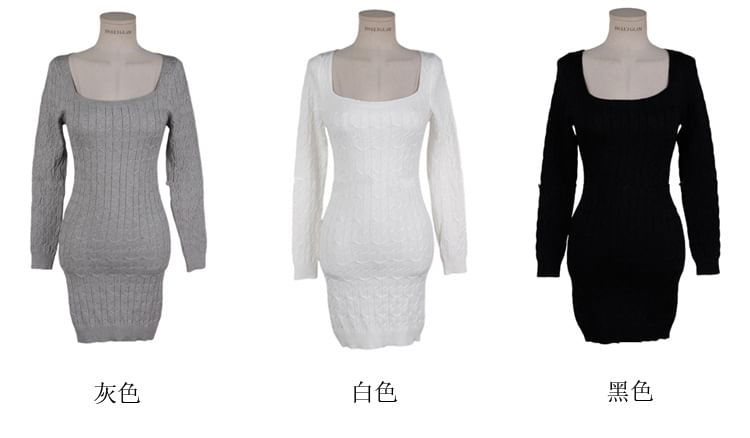 Girls Supply - Mini-jurk met lange mouwen en vierkante hals, effen geribbeld breisel
