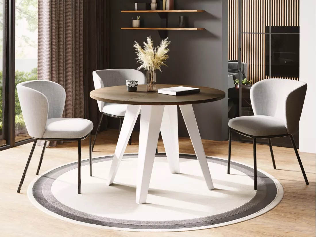 Table De Salle à Manger Ronde De Style Industriel - Moderne - Extensible De 90 Cm à 130 Cm - Pieds Métalliques Blancs - Compacte - Chêne Lefkas