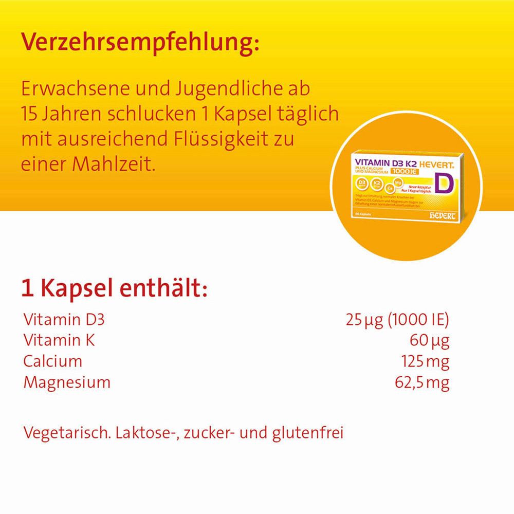 Vitamin D3 K2 Hevert plus Calcium und Magnesium 1000 IE