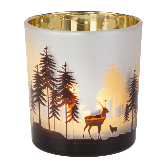 Teelichtglas - Hirsch im Wald - weiß/braun - ca. 7 x 8 cm
