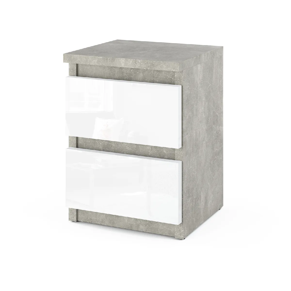 Table de chevet - Beton/Blanc Brillant - 2 tiroirs