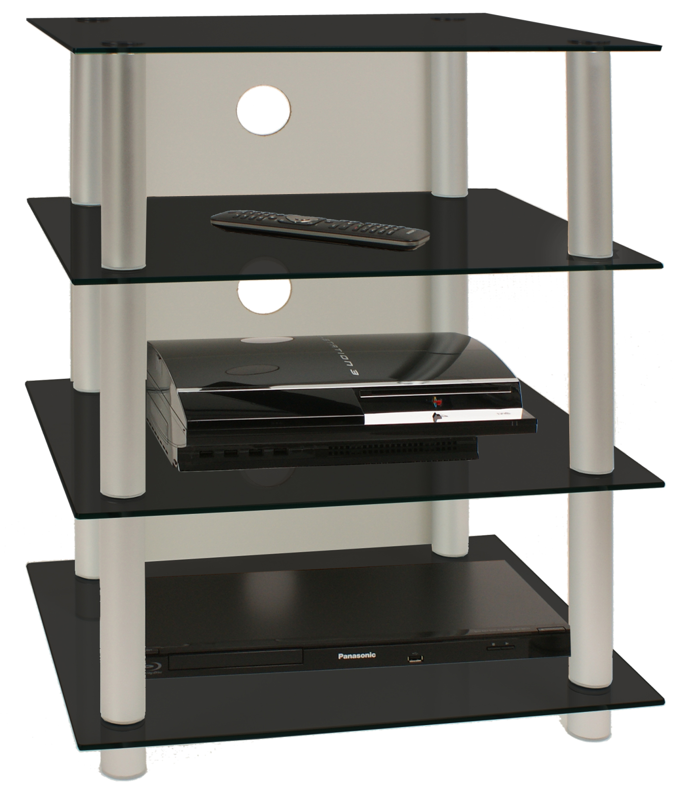 TV-Rack - silber-schwarz - 4 Glasböden - 54 cm breit