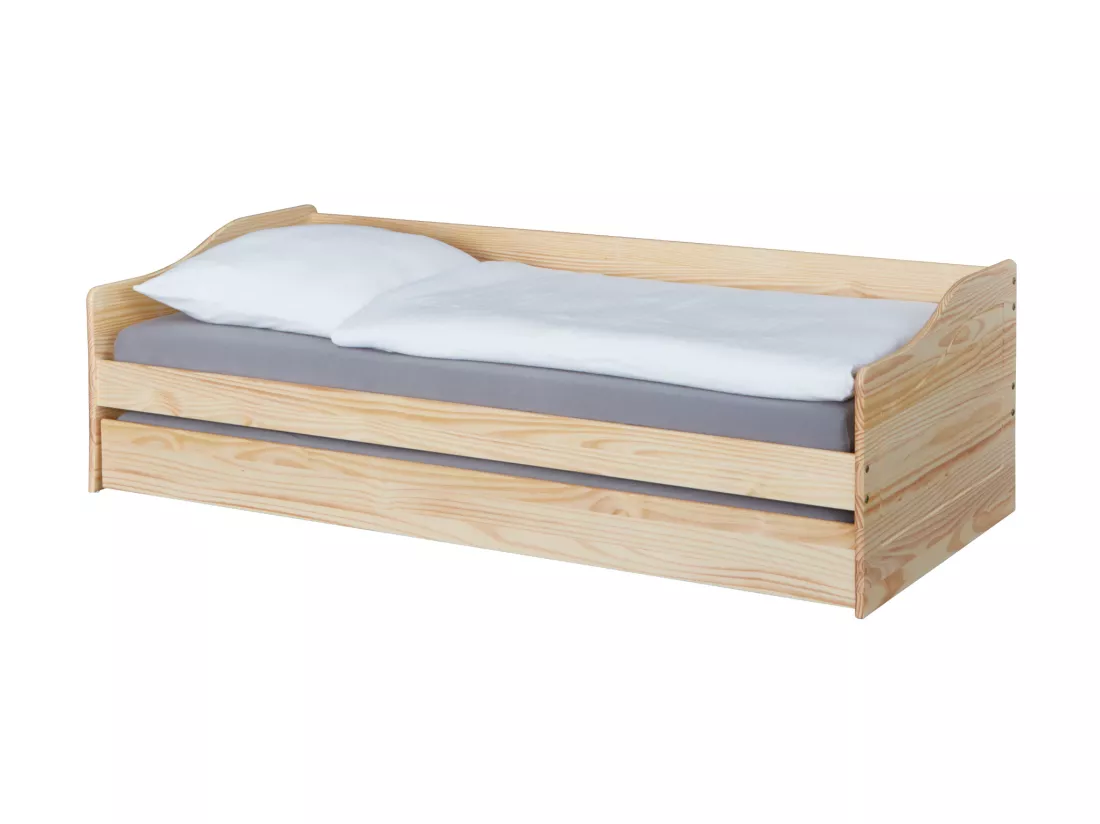Lit gigogne en bois massif naturel avec sommier à lattes intégré 90x200 - LT12120