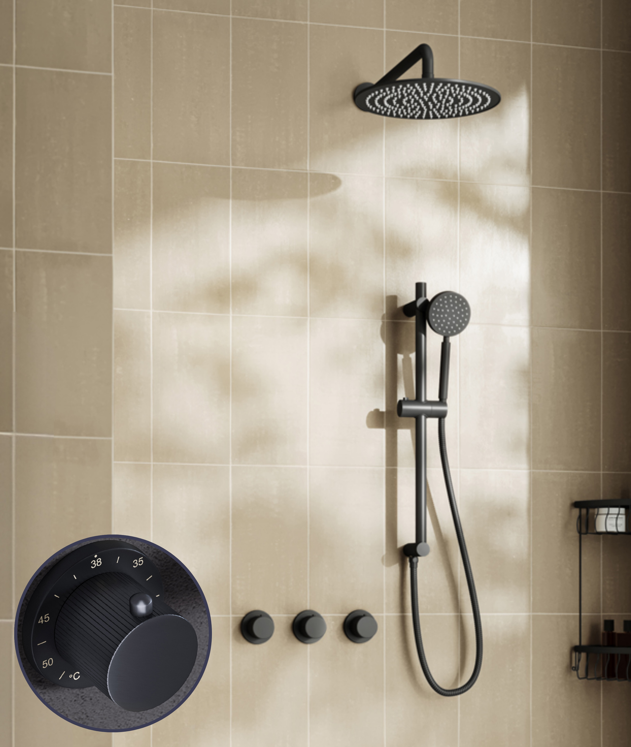 Saniclear Plus Stripes inbouw regendouche met 20cm hoofddouche, muurarm en glijstang zwart mat