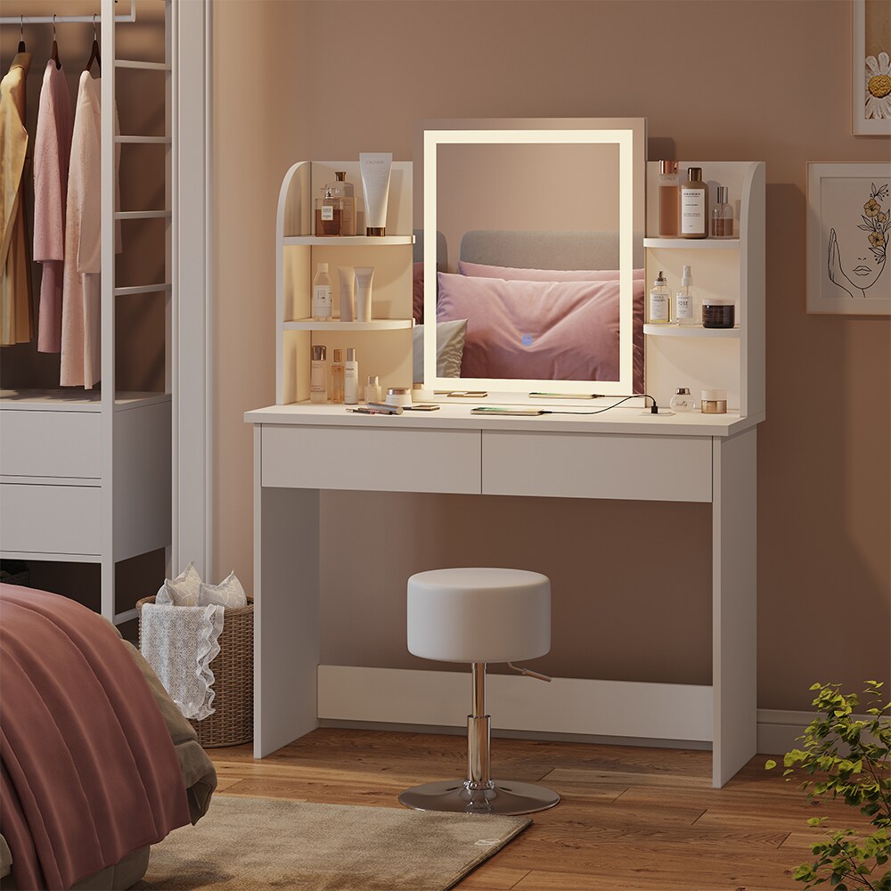 Vicco Schminktisch Charlotte Weiß 106 cm mit LED-Spiegel QI-Ladestation und Hocker