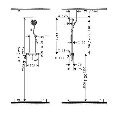 Kit de douche thermostatique avec douchette 3 jets + flexible + barre réglable, chrome, Hansgrohe My Select S 150
