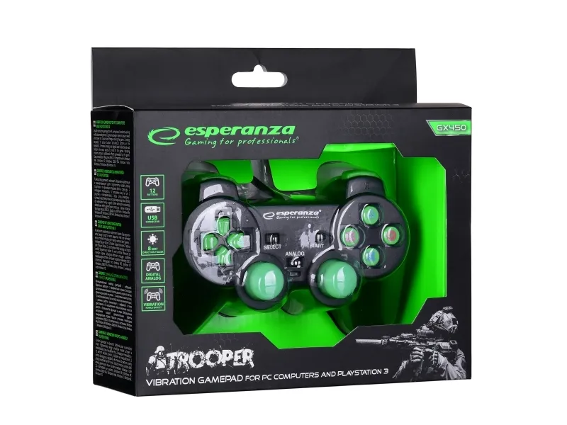 Esperanza TROOPER - Gamepad - kabling - sort, grøn - for PC, Sony PlayStation 3