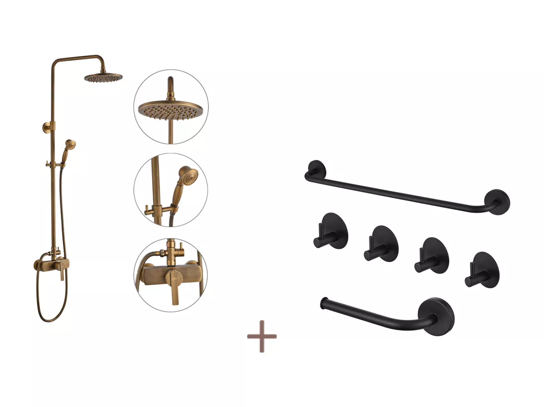 Auralum max Colonne douche Mécanique en laiton Bronze Rétro,Hauteur Réglable+Ensemble Salle Bain Accessoire 6 Pièces,Auto-adhésif/percer,Inox,Noir