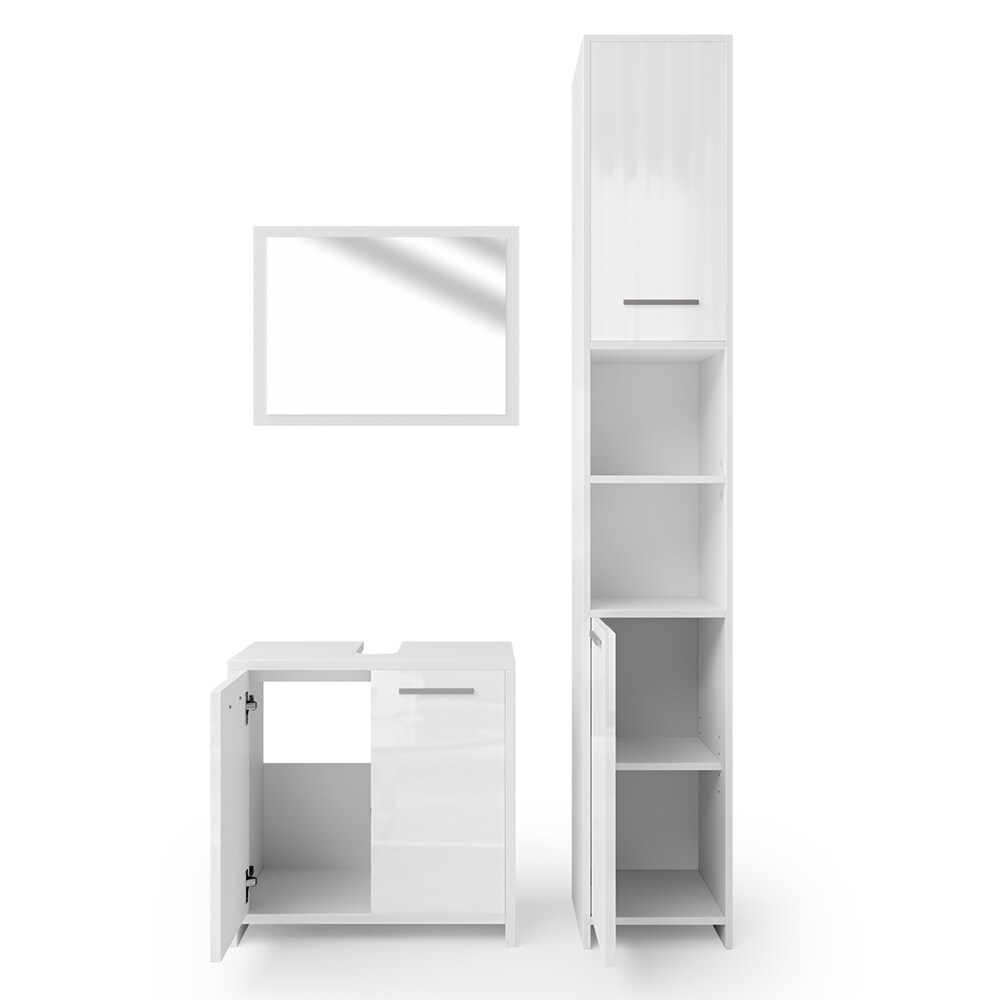 Vicco Badmöbel Set Kiko Badezimmer Spiegel Kommode Unterschrank Weiß /Weiß Hochglanz
