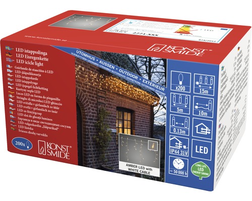 LED-ijspegelverlichting Konstsmide 5 m + 10 m aansluitdraad 200 LED's Amberkleurig licht
