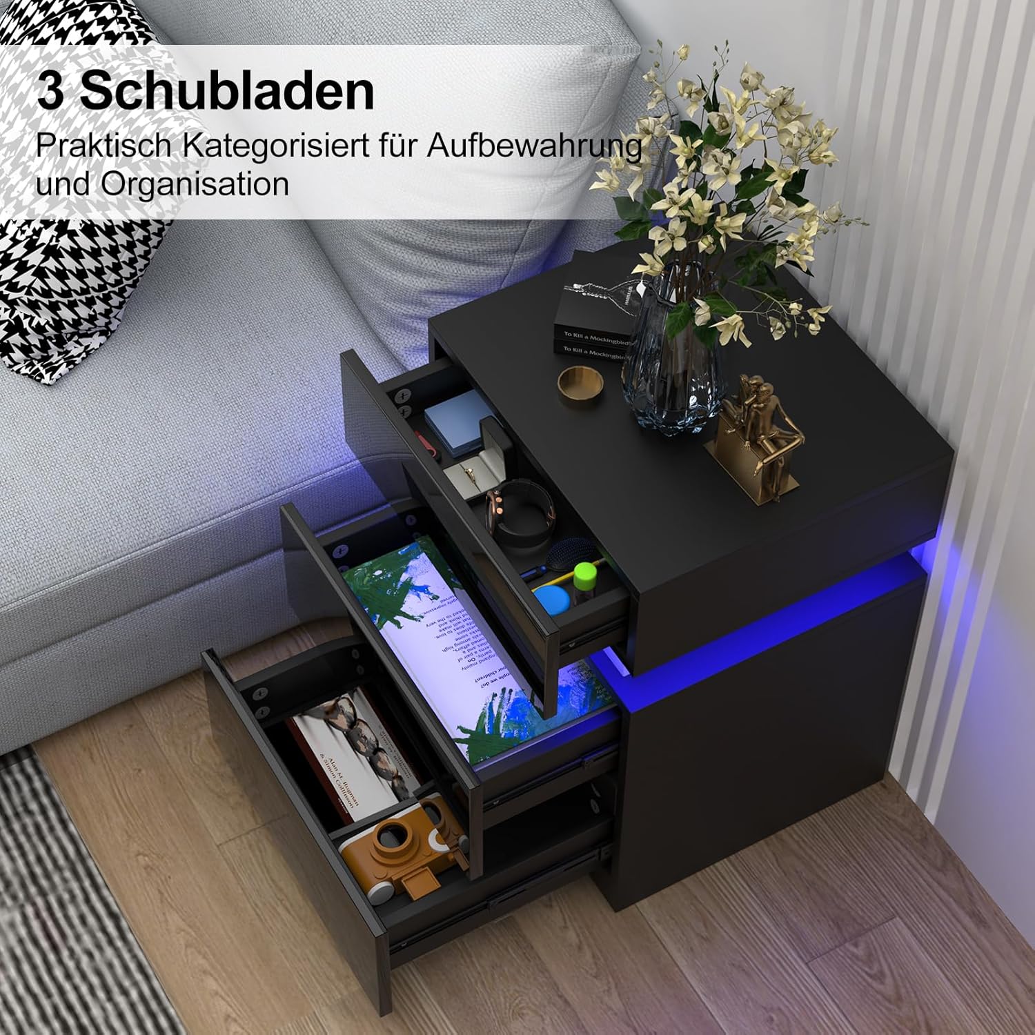 2er Set Nachttisch mit LED-Beleuchtung, Nachttisch Schwarz Hochglanz Beistelltisch, Einstellbare Farben, Sofatisch 3 Schubladen, Nachtschrank Schlafzimmer, 35x40x55cm, Schwarz