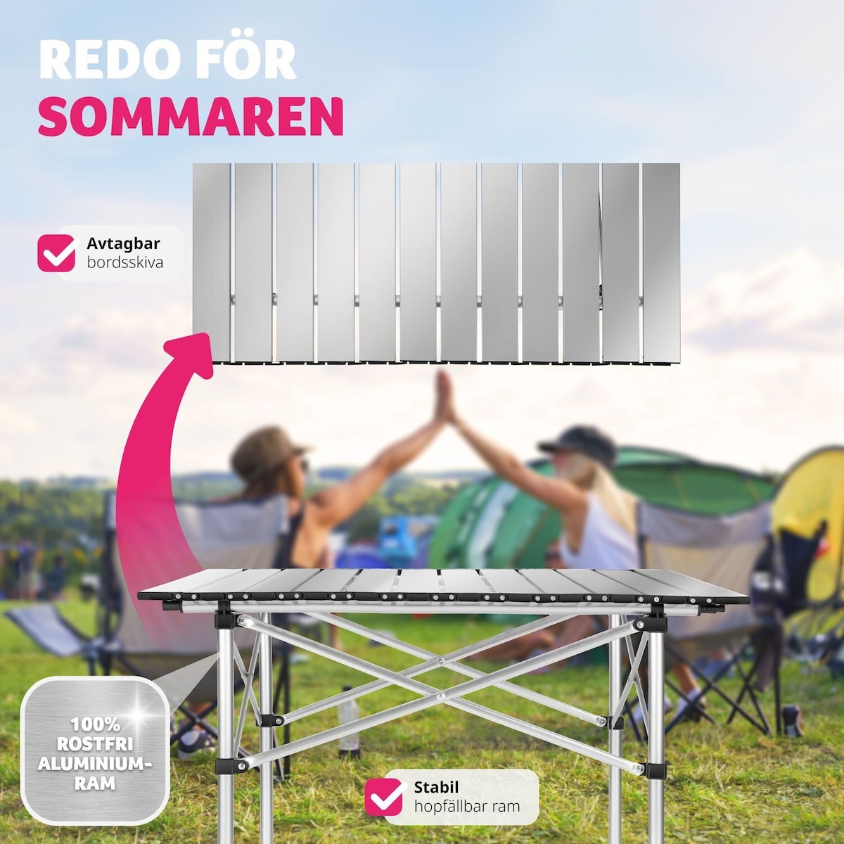 Aluminium campingbord sammenleggbart 70 x 70 x 70 cm - grå
