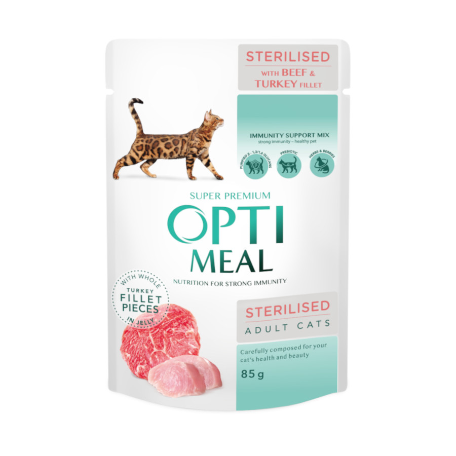 OPTIMEAL™ Alimento úmido para gatos esterilizados com filé de carne bovina e peru em gelatina, 0,85g
