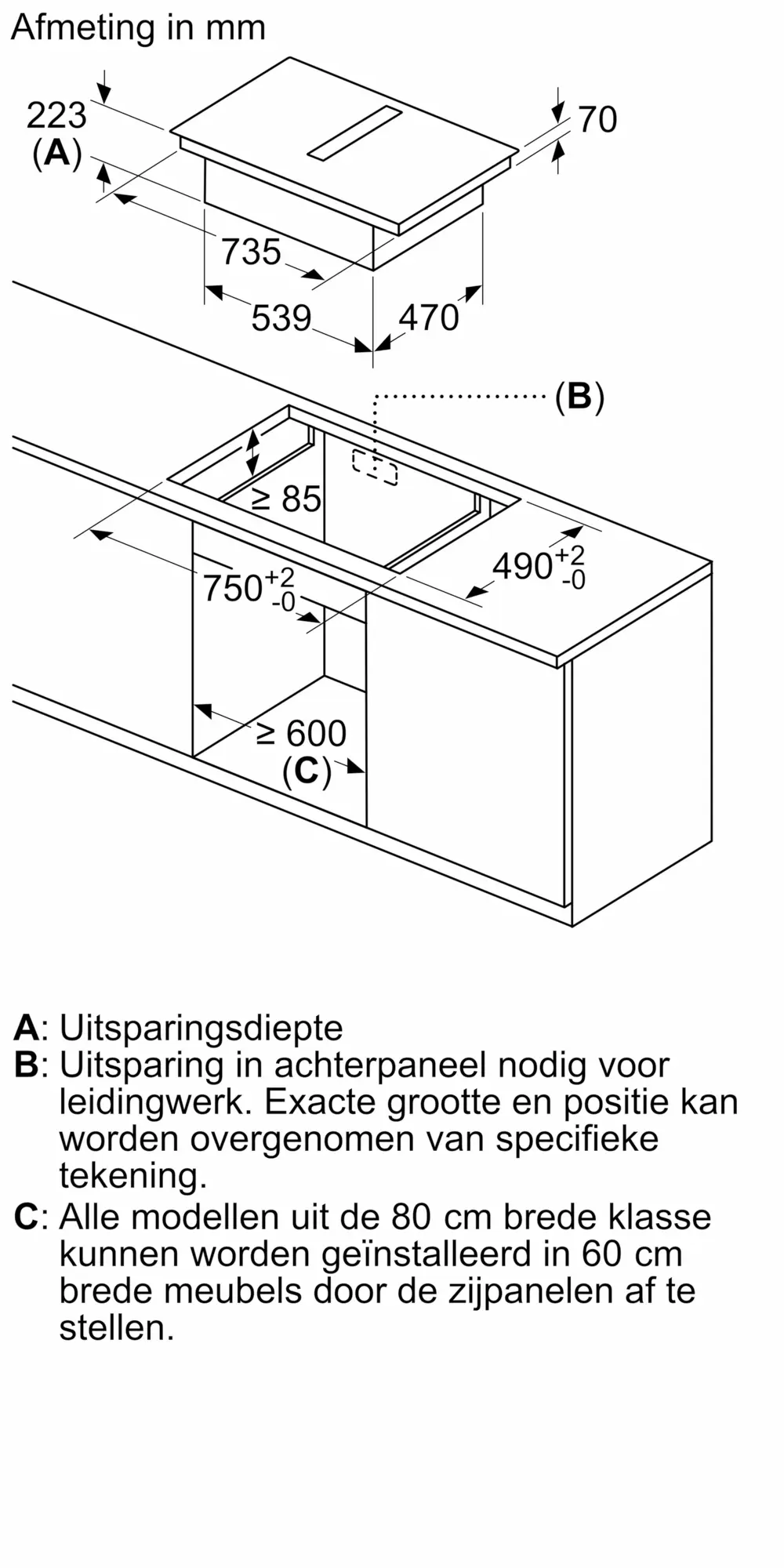 Serie 4 Inductiekookplaat met afzuiging 80 cm opbouwmontage met rand