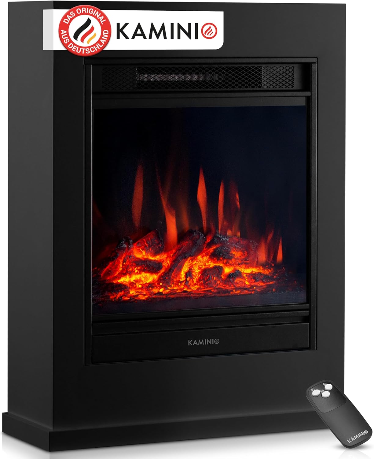 Elektrokamin Kalle - Elektrischer Standkamin mit Heizung, 3D-Flammeneffekt, Fernbedienung (Schwarz)
