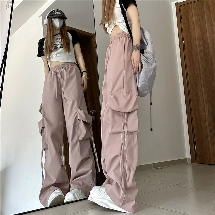 Mushini - Mid Rise Plain Drawstring Cargo Baggy Pants