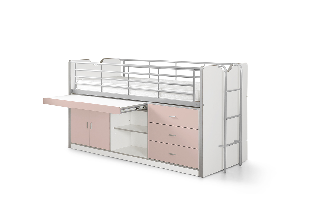 Funktions-Hochbett BONNY - weiß-rosa - mit Schreibtischschublade - 90x200 cm