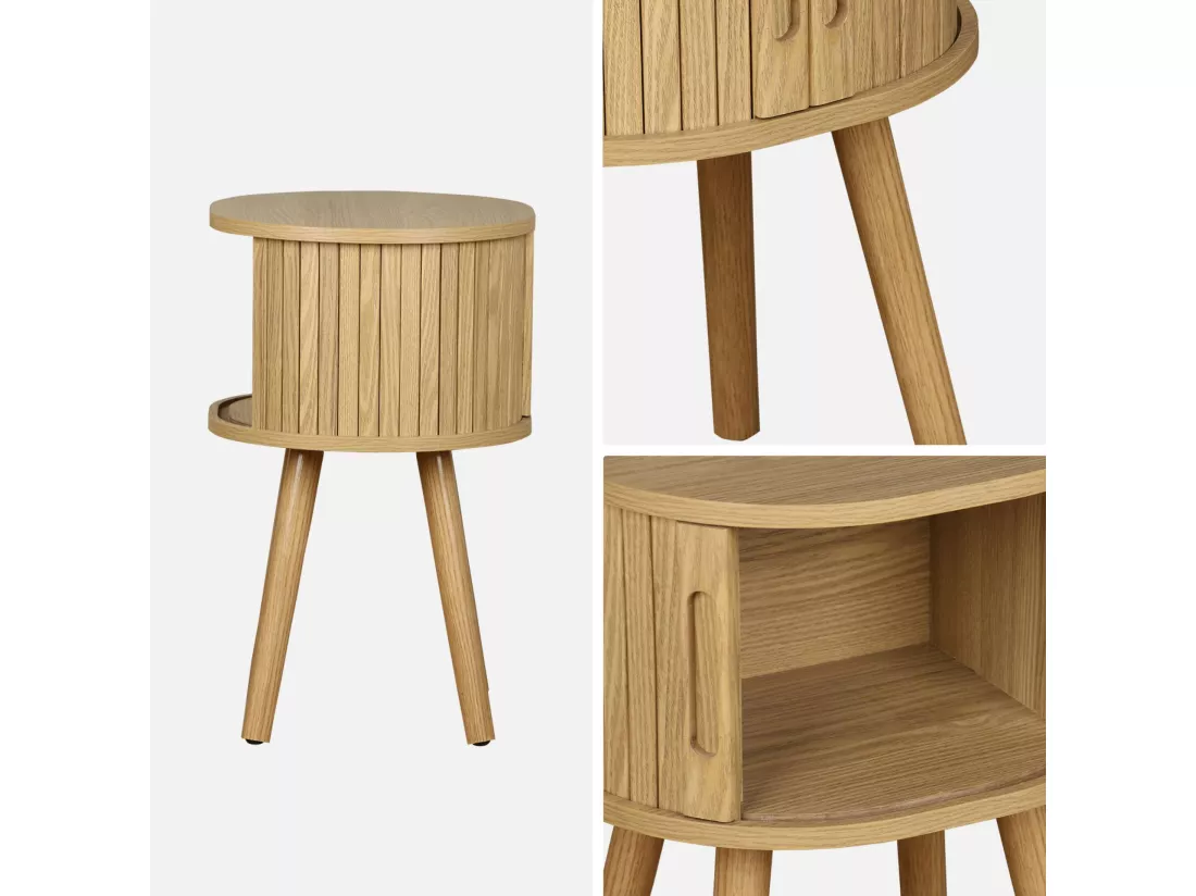 Lot de 2 tables de chevet ovale 2 portes coulissantes poignées creusées. effet bois rainuré. L40 x l34 x H54.8cm