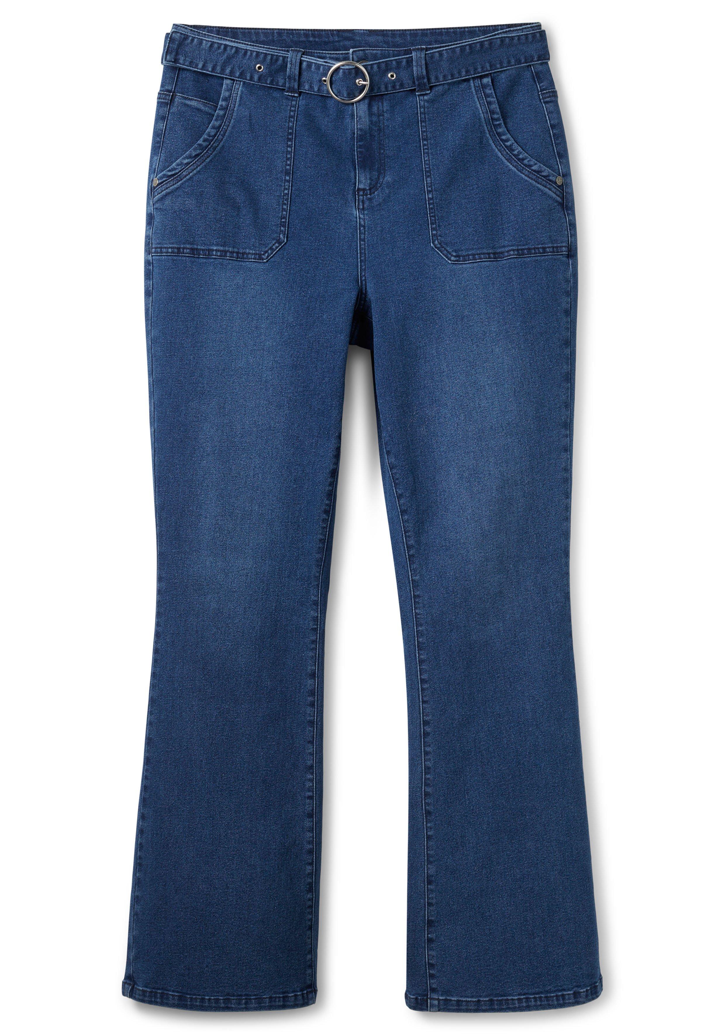 Bootcut-Jeans mit Stoffgürtel und markanten Taschen