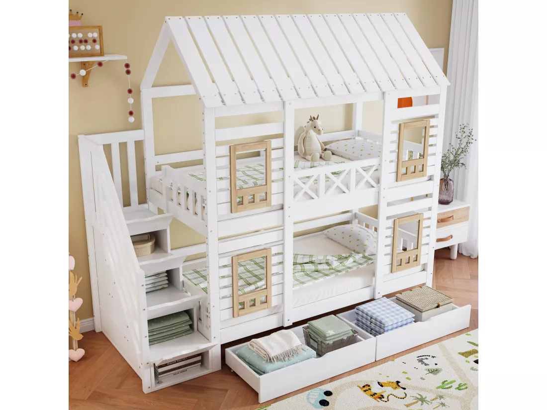 Lit superposé enfant 90x200 cm - avec fenêtre - deux tiroirs sur roulettes - avec 4 compartiments de rangement - avec échelle de sécurité - bois massif - blanc + naturel (matelas non inclus)