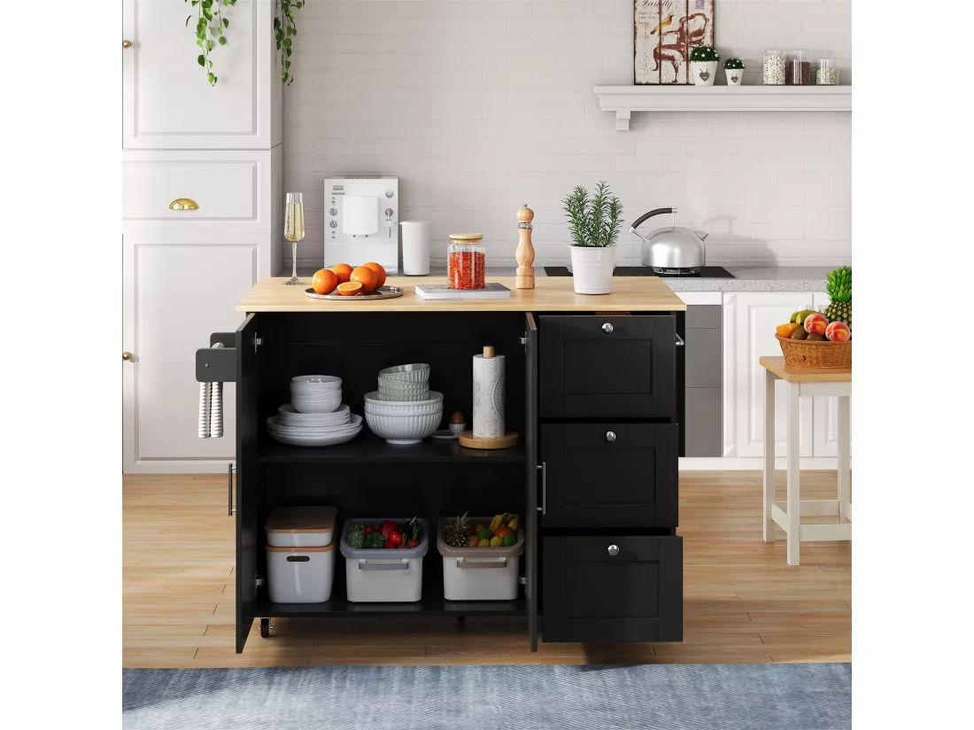 Buffet de cuisine,table de cuisine mobile,design pliable,avec 3 tiroirs et porte-serviettes,135x44(70)x90 cm,Noir