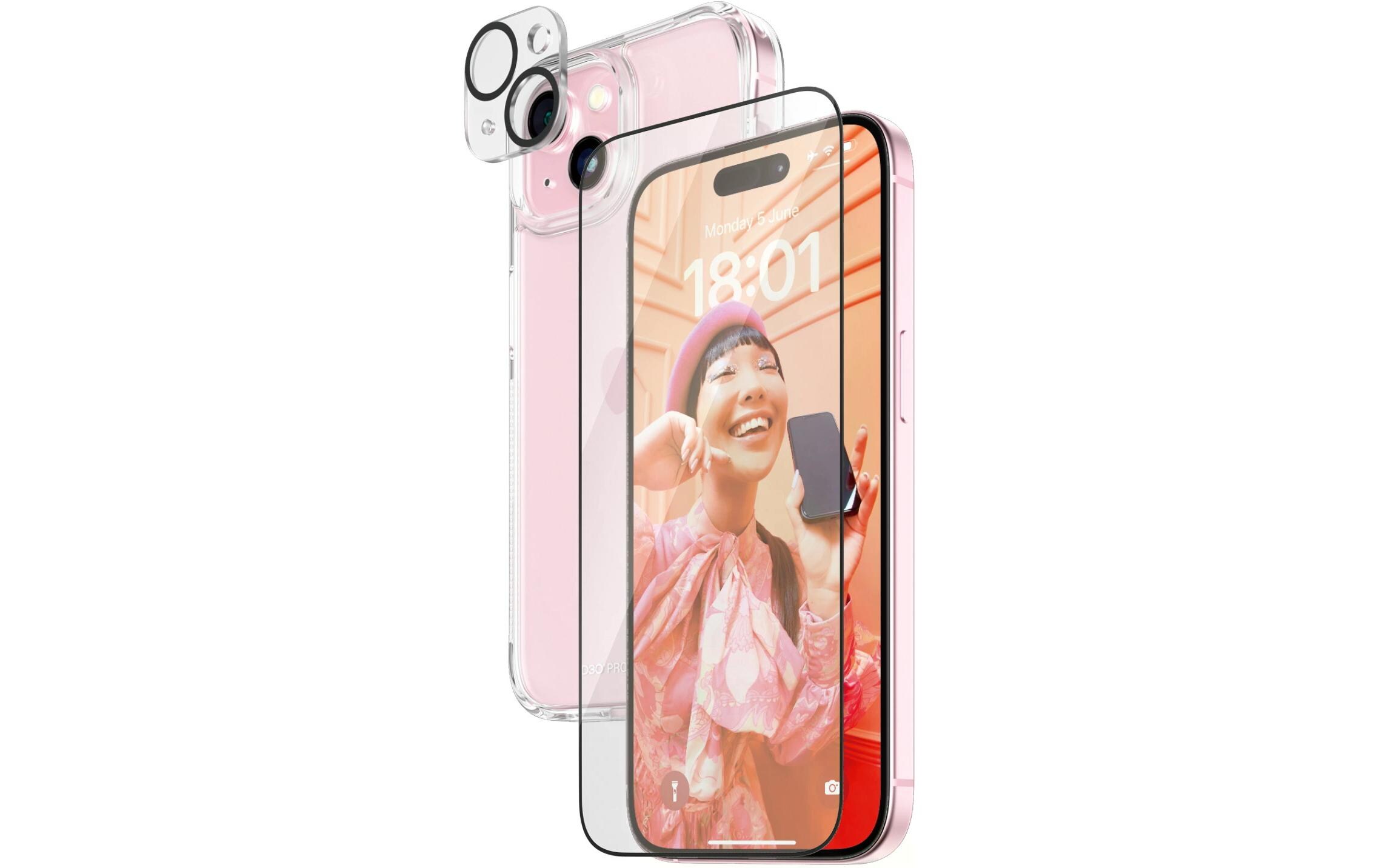 3-in-1 Bundle iPhone 153-in-1 Set mit Bildschirmfolie, Schutzhülle und Kamera-Schutz für das Apple iPhone 15