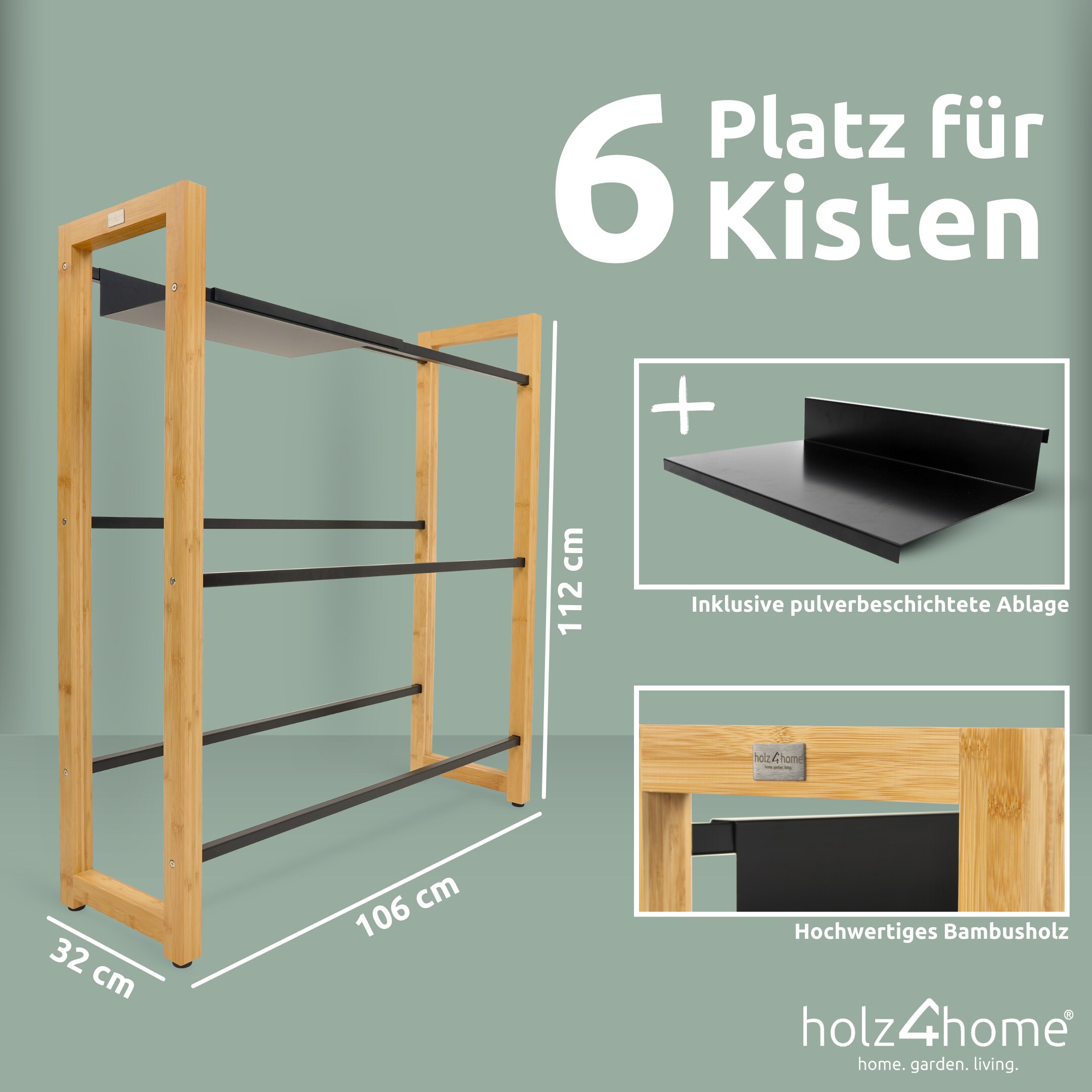 holz4home® Getränkekistenregal aus Bambus inkl. pulverbeschichteter Ablage I Schwarz | 6 Kisten
