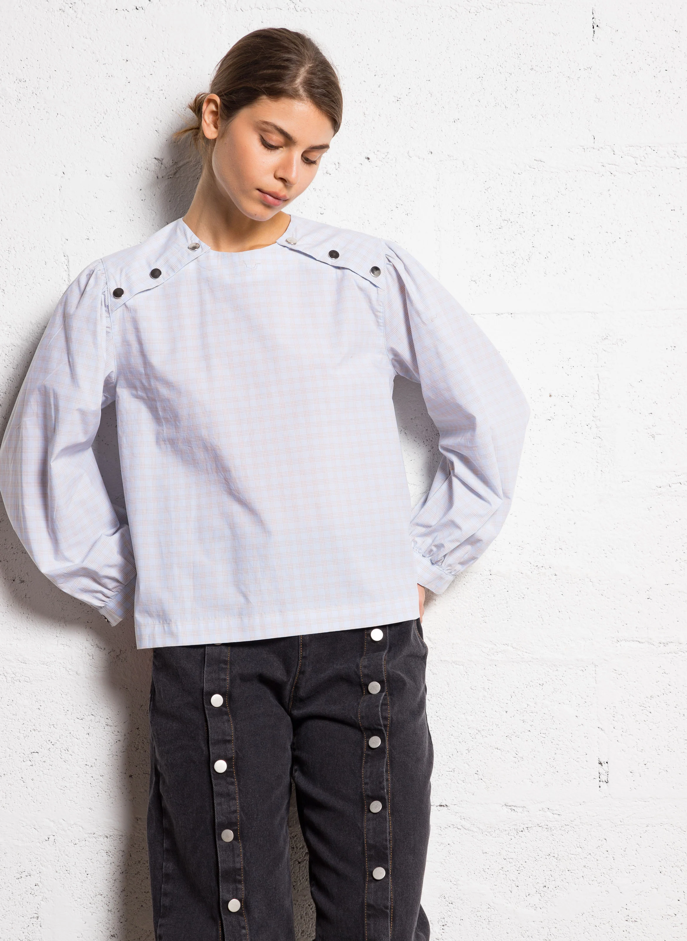 Blouse ample à carreaux en coton | Bleu