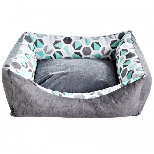 Cama reversível para cães com estampa hexagonal.